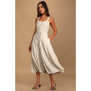 Lulus See The City Beige Button-front Tiered Midi Dress - Size M